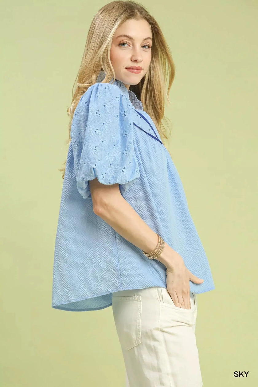 Umgee Puff Sleeve Eyelet Mix Top with Contrast Piping  Style Ratio