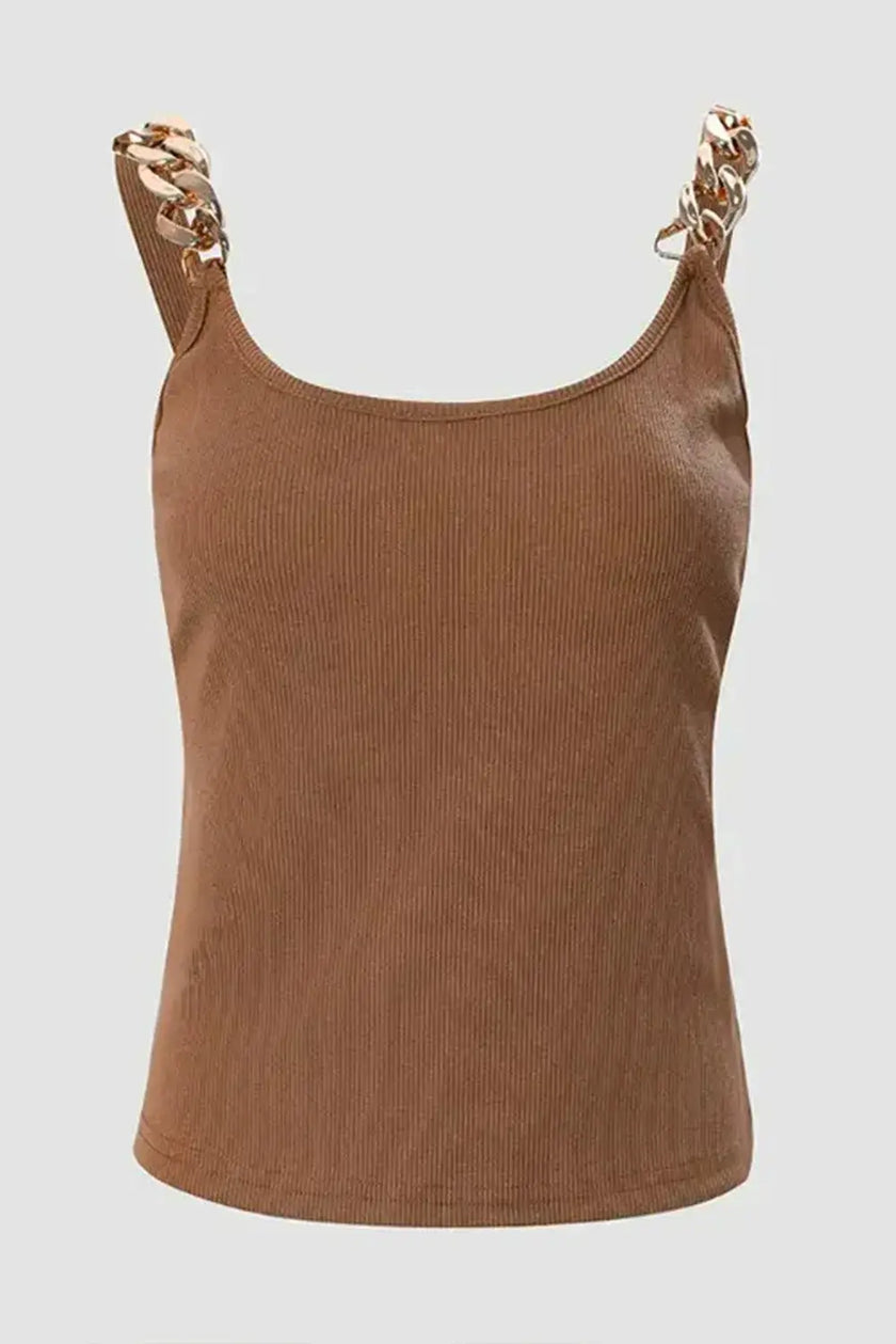 Brown Gold Chain Straps Rib Knit Tank Top  Style Ratio