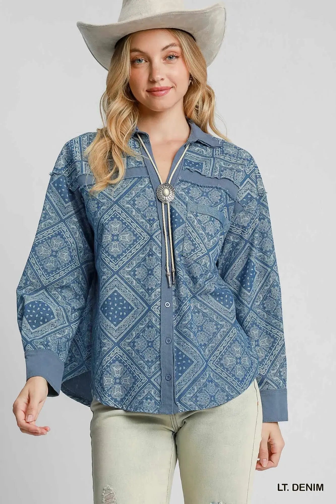 Umgee Paisley Print Denim Shacket  Style Ratio