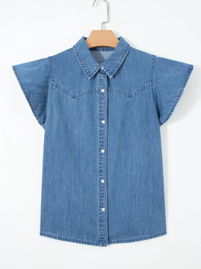 Ruffled Short Sleeve Denim Shirt  Style Ratio