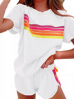 Rainbow Striped Round Neck Top and Shorts Set  Style Ratio
