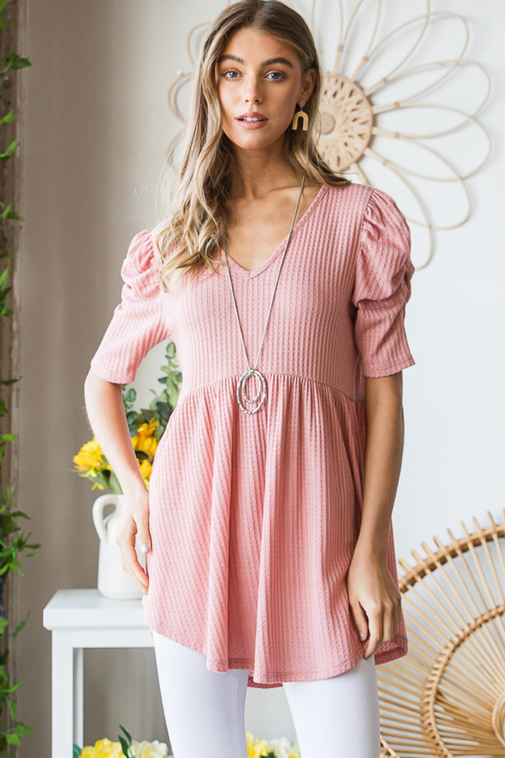 Knit V-Neck Babydoll Top