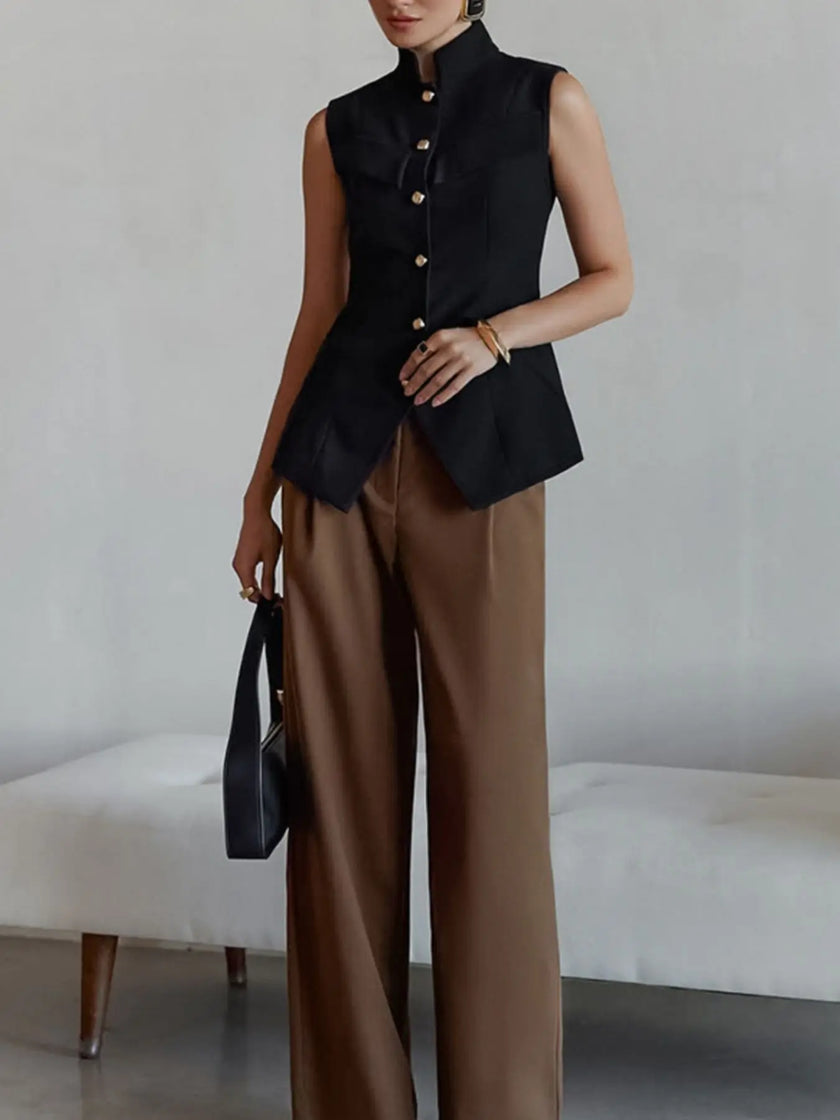 Stand Collar Button-Down Vest Coat  Style Ratio