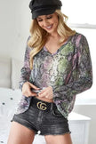 BiBi Snakeskin Print Low Gauge Hacci V Neck Long Sleeve Top  Style Ratio