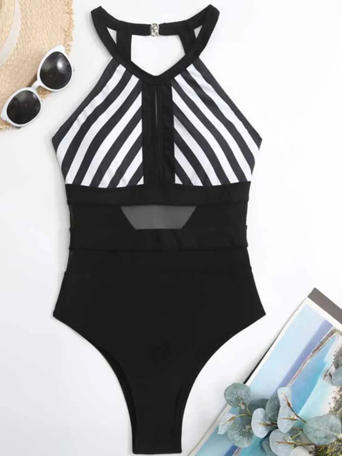 Mesh Detail Backless Striped One-Piece Swimsuit  Style Ratio