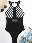 Mesh Detail Backless Striped One-Piece Swimsuit  Style Ratio