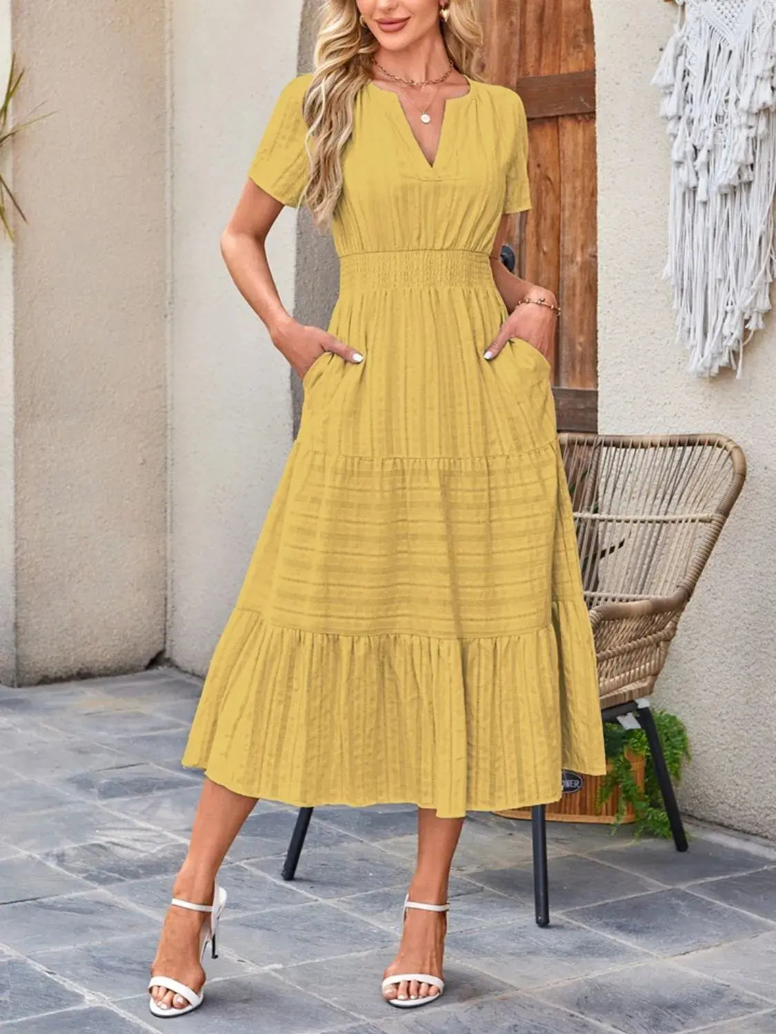 Tiered Notched Short Sleeve Dress  Style Ratio