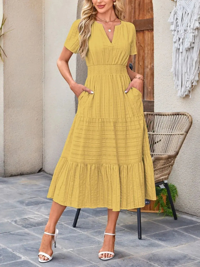 Tiered Notched Short Sleeve Dress  Style Ratio