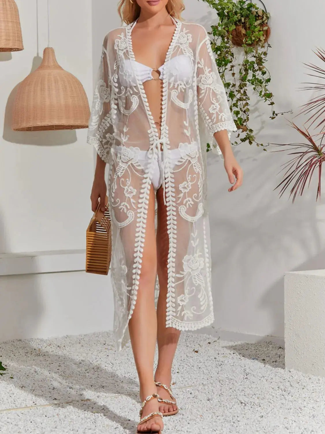 Lace Detail Open Front Longline Cover-Up  Style Ratio