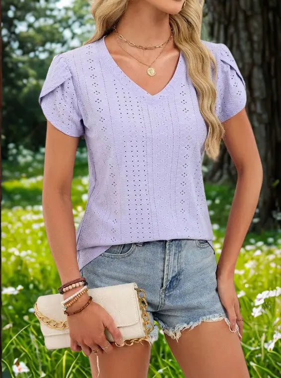 Eyelet Petal Sleeve V Neck Shirt  Style Ratio