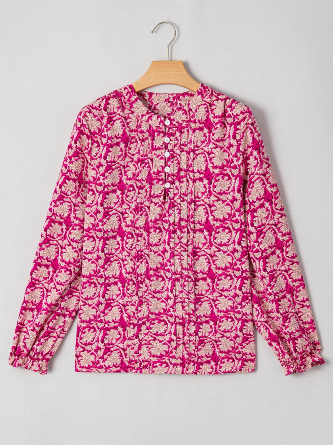 Floral Print Split Neck Pleated Long Sleeve Blouse  Style Ratio