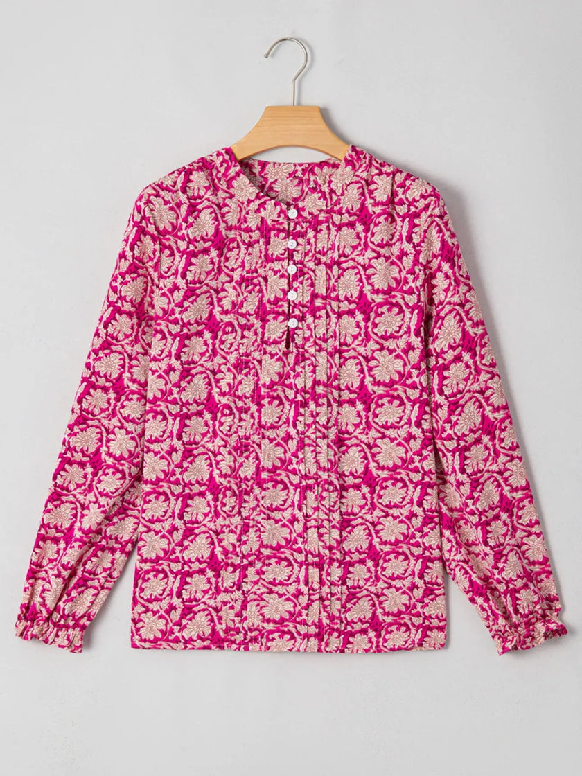 Floral Print Split Neck Pleated Long Sleeve Blouse  Style Ratio