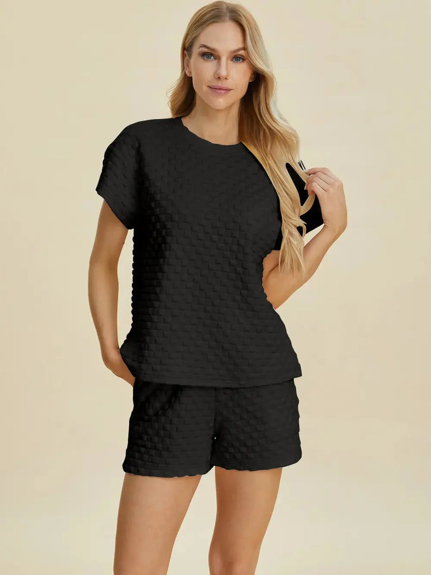 Double Take Full Size Texture T-Shirt and Shorts Set  Style Ratio