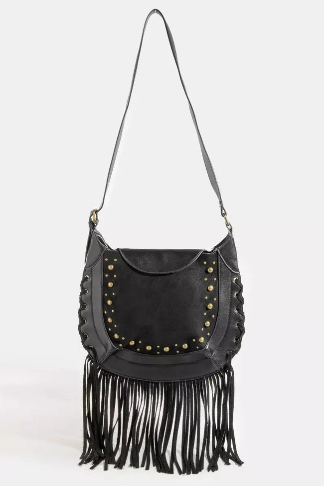 Fame Rivet Trim Suede Fringe Shoulder Bag  Style Ratio