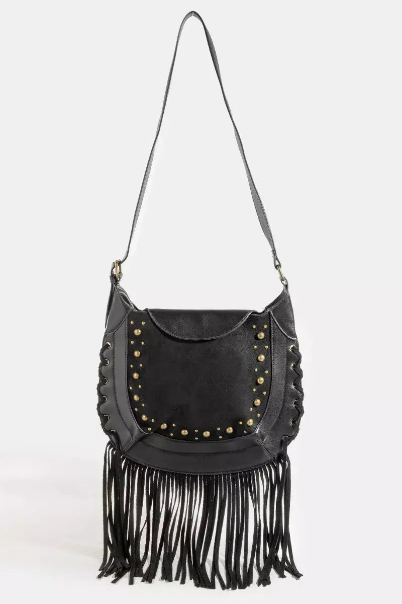 Fame Rivet Trim Suede Fringe Shoulder Bag  Style Ratio