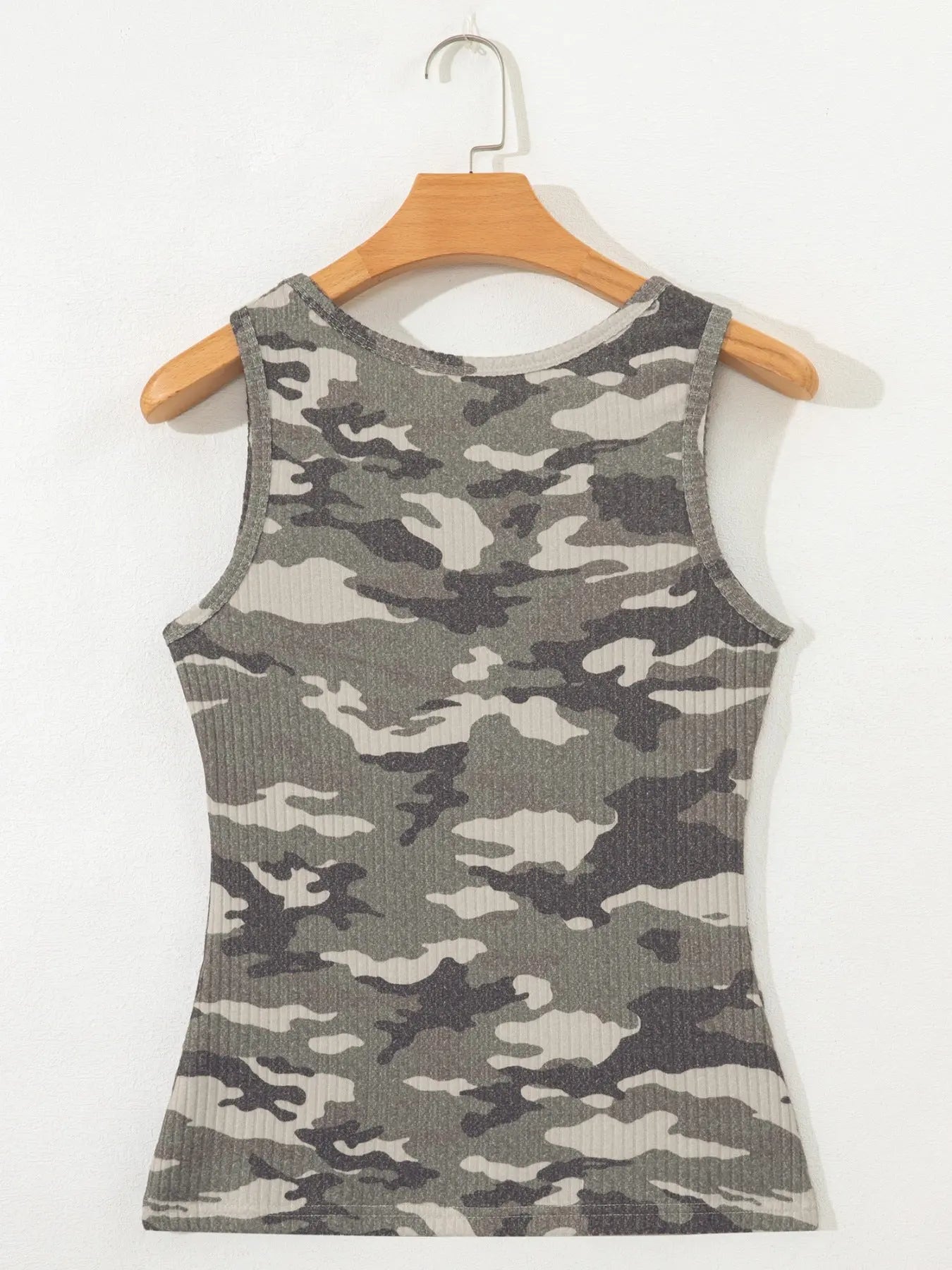 Camouflage Print Ribbed Knit Round Neck Tank Top  Style Ratio