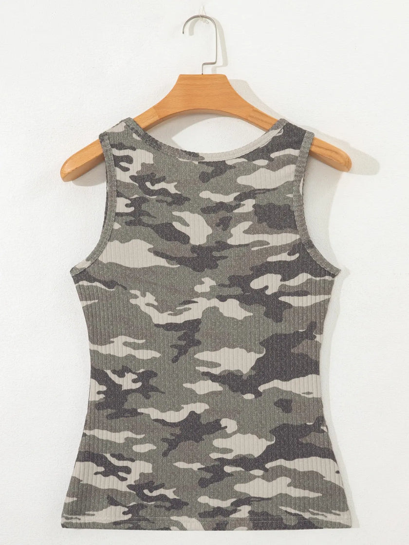 Camouflage Print Ribbed Knit Round Neck Tank Top  Style Ratio