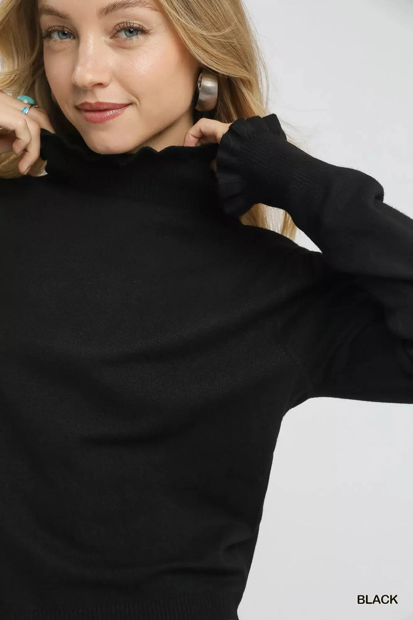 Umgee Ruffle Mock Neck Puff Sleeve Sweater  Style Ratio