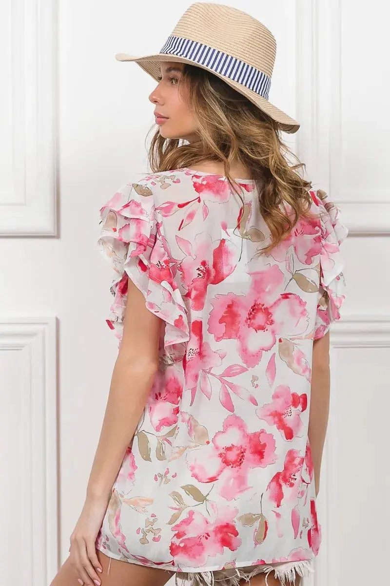 BiBi Floral Print Flutter Sheer Blouse  Style Ratio
