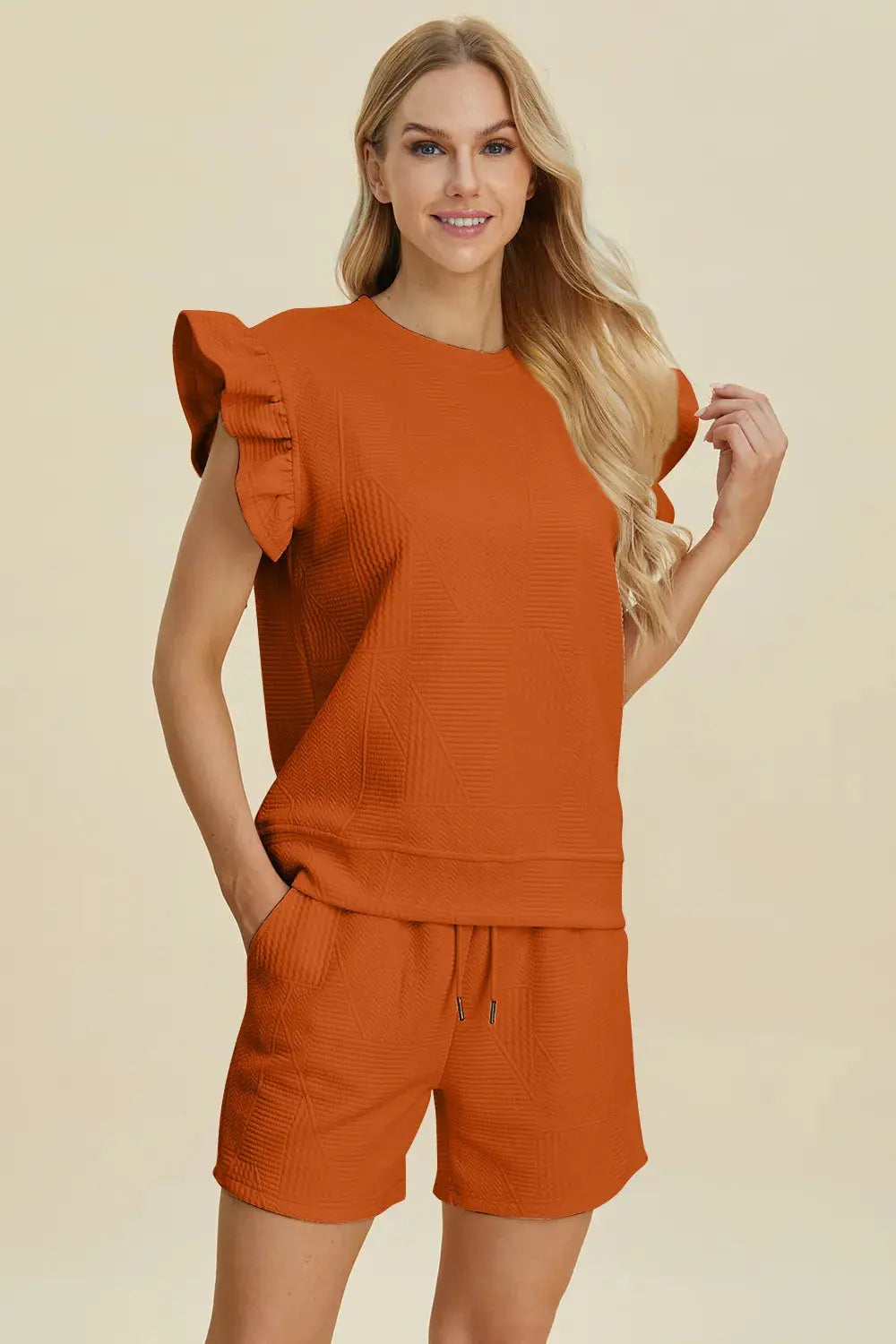 Double Take Full Size Texture Round Neck Ruffle Sleeve Top and Shorts Set  Style Ratio