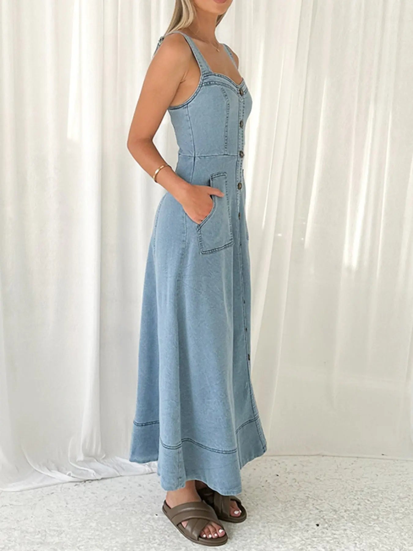 Decor Button Front A-Line Denim Dress  Style Ratio
