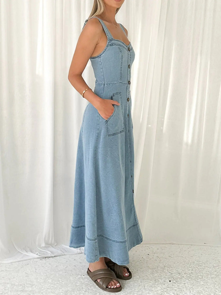 Decor Button Front A-Line Denim Dress  Style Ratio