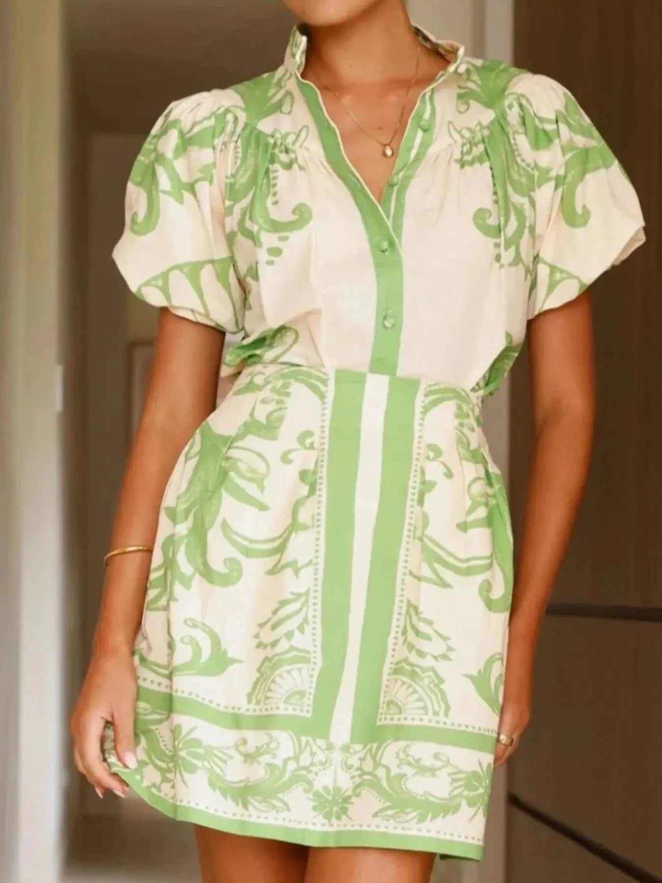 Printed Puff Sleeve Top and Skirt Set  Style Ratio