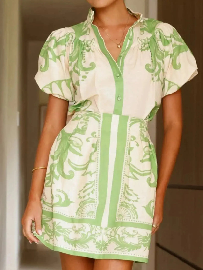 Printed Puff Sleeve Top and Skirt Set  Style Ratio