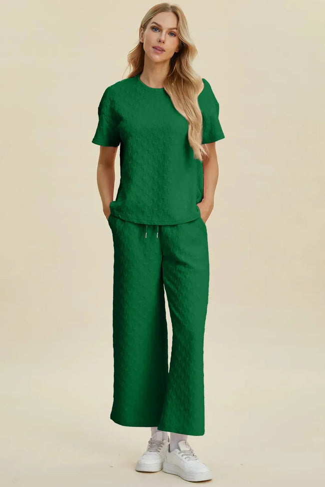 Double Take Full Size Round Neck Short Sleeve Top and Pants Loungewear  Style Ratio