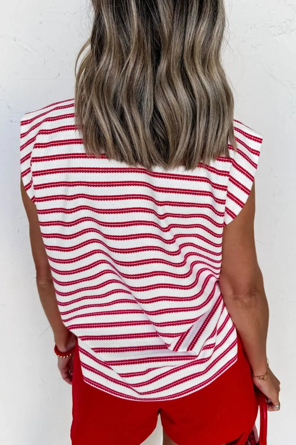 Stripe Textured Knit Button Detail Short Sleeve Shirt  Style Ratio