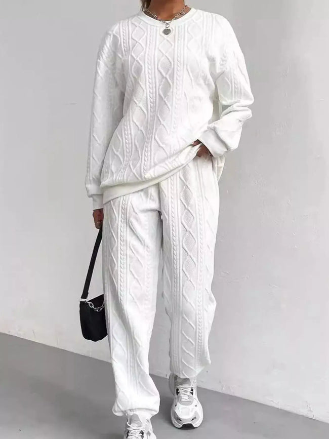 Texture Round Neck Top and Pants Loungewear  Style Ratio