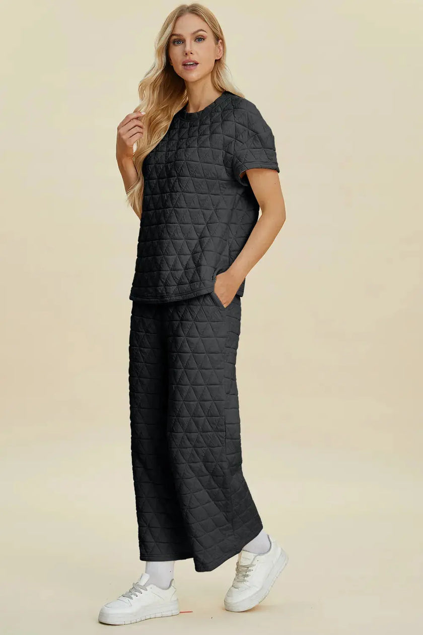 Double Take Full Size Texture Round Neck Short Sleeve Top and Pants Set  Style Ratio