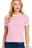 Zenana Striped Contrast Trim Short Sleeve Shirt  Style Ratio