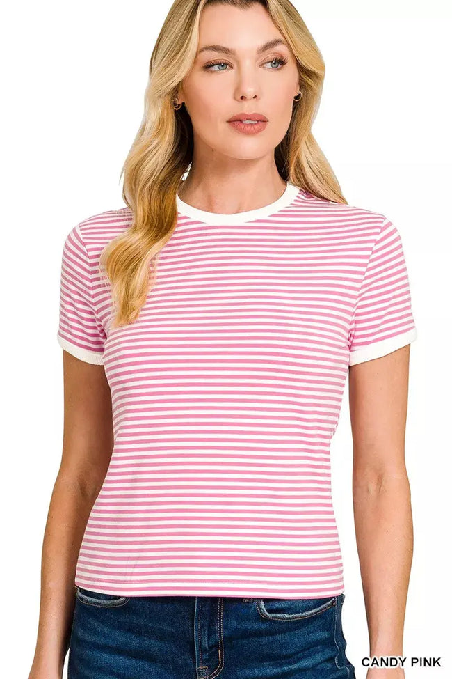Zenana Striped Contrast Trim Short Sleeve Shirt  Style Ratio