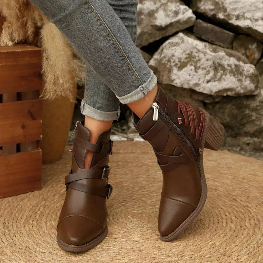 Point Toe Buckle Strap Ankle Boots with Block Heels  Style Ratio