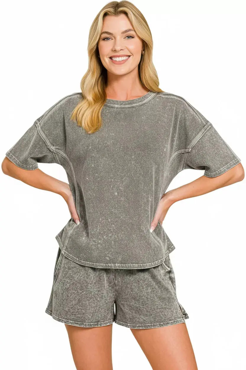 Zenana Halo Snow Washed Short Sleeve Tee and Shorts Set  Style Ratio