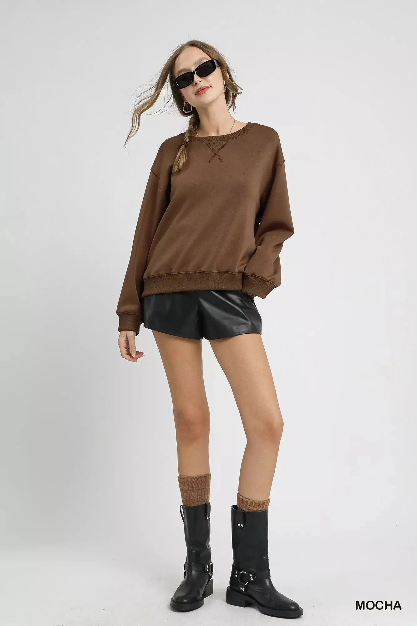 Umgee Round Neck Long Sleeve Fleece Sweatshirt  Style Ratio