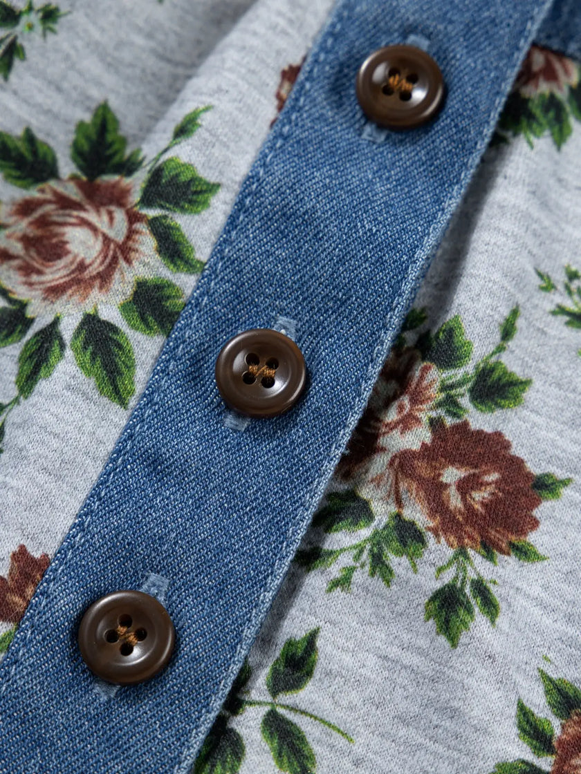 Floral Print Denim Patchwork Shirt  Style Ratio
