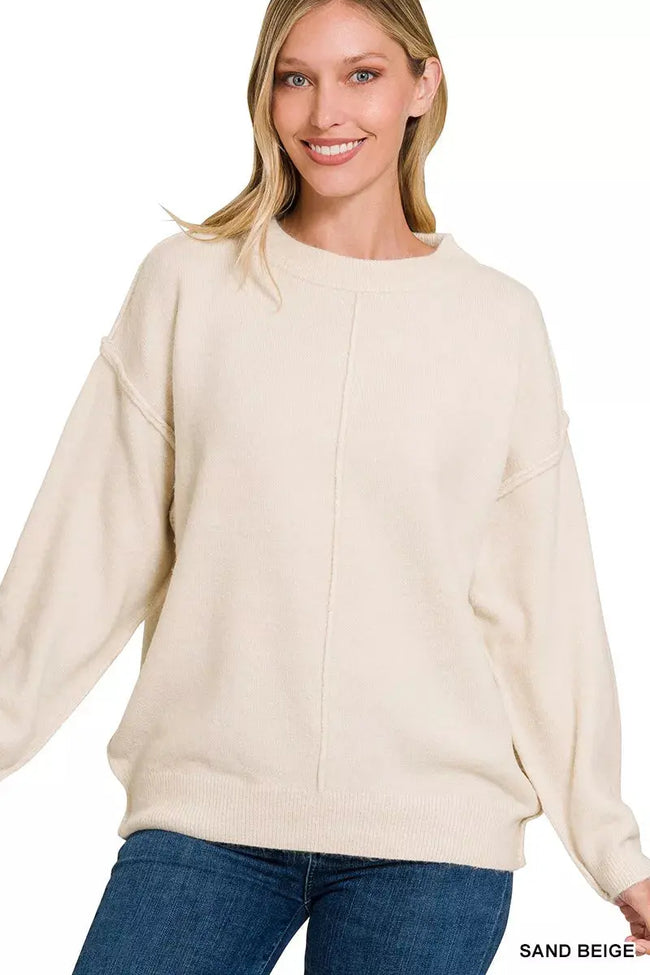 Zenana Melange Front Seam Round-Neck Sweater  Style Ratio