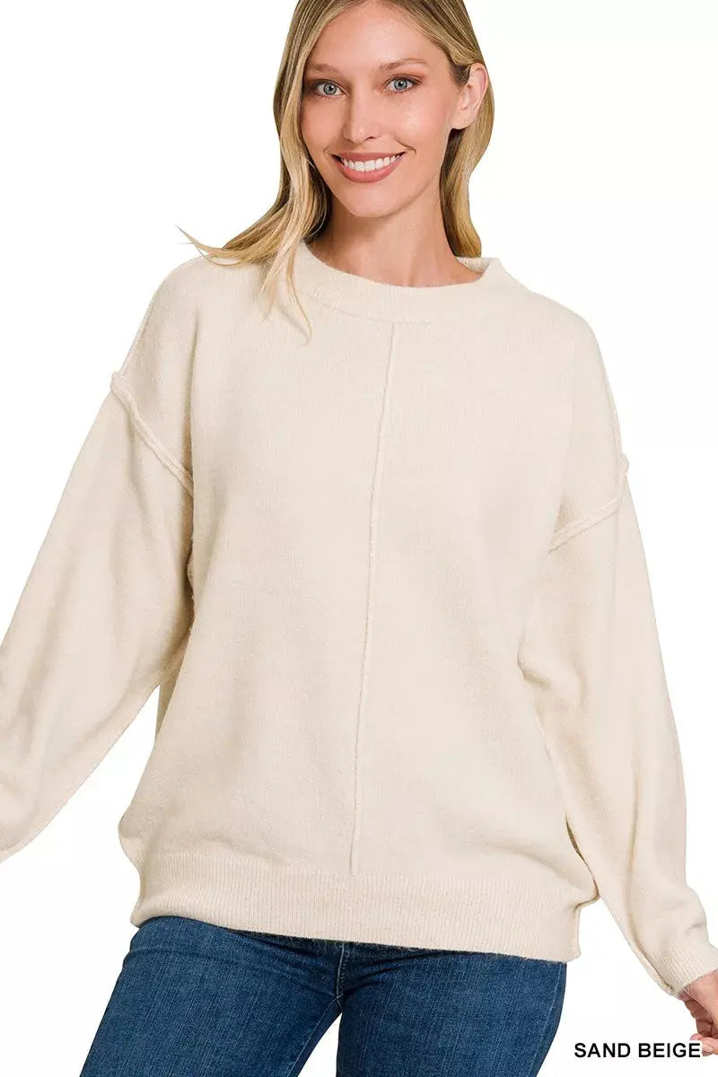 Zenana Melange Front Seam Round-Neck Sweater  Style Ratio