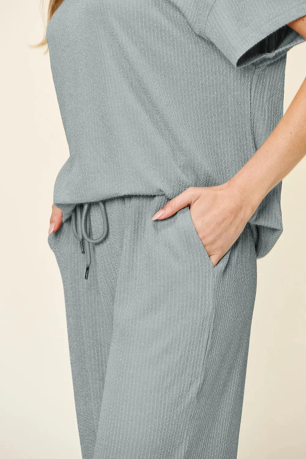 Double Take Texture Round Neck Short Sleeve Shirt and Wide Leg Pants  Style Ratio