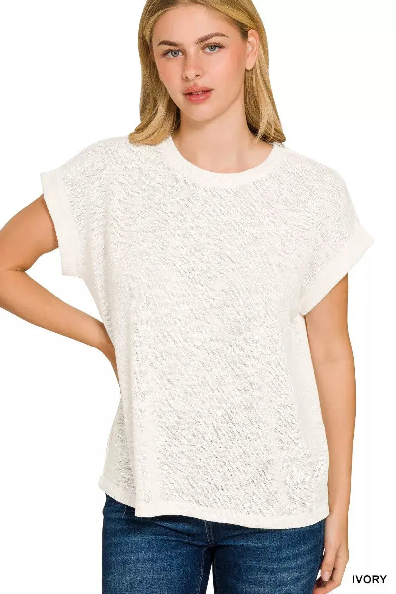 Zenana Hacci Slub Rolled Up Short Sleeve Shirt  Style Ratio