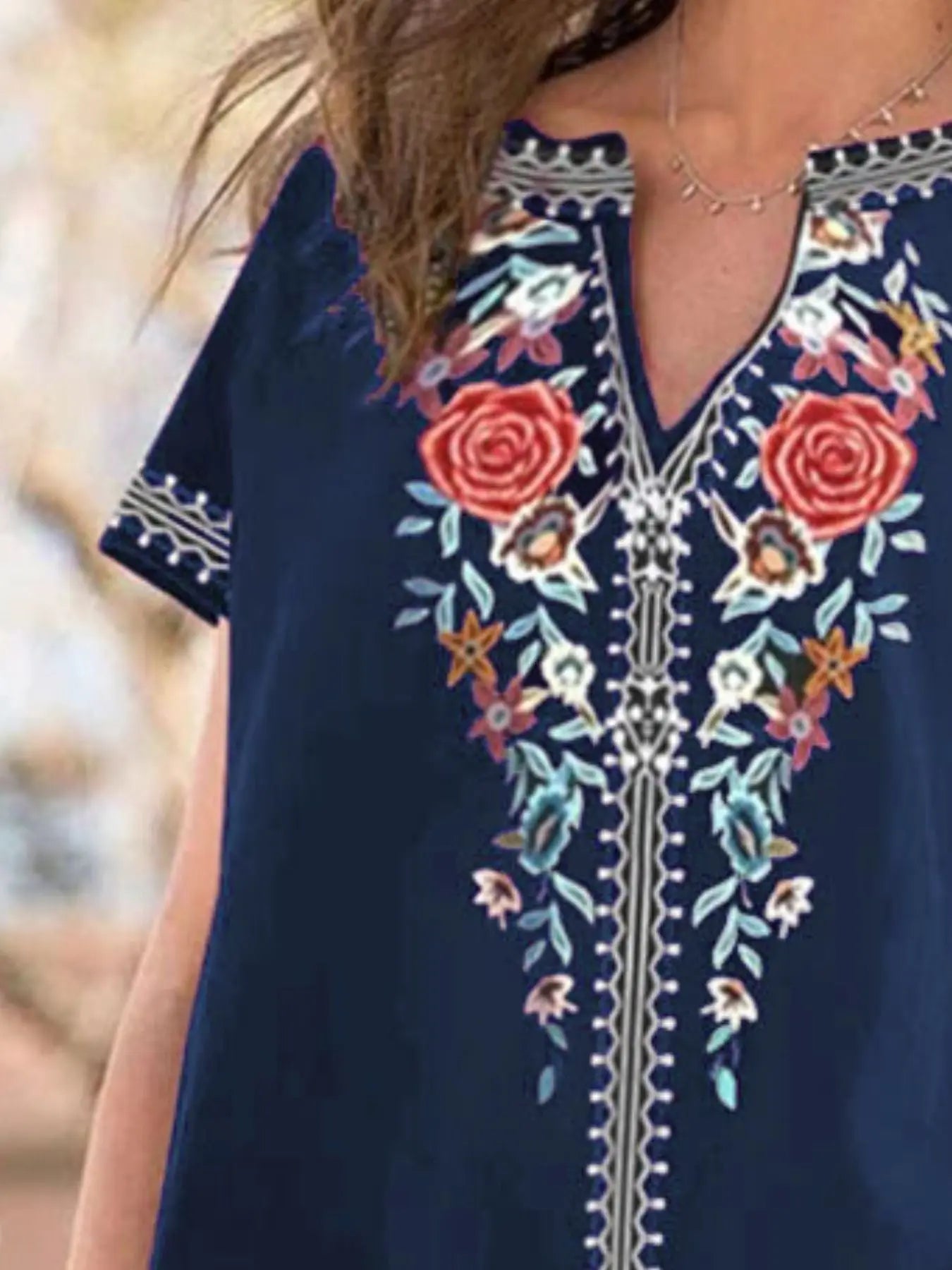 Full Size Floral Notched Short Sleeve Blouse  Style Ratio