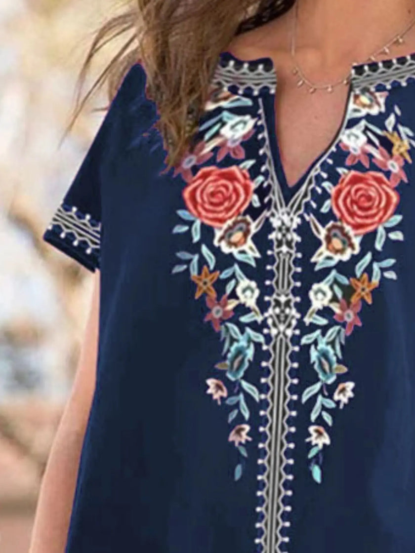 Full Size Floral Notched Short Sleeve Blouse  Style Ratio
