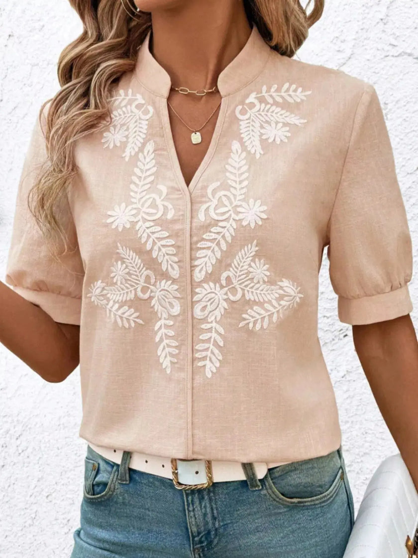 Embroidered Notched Short Sleeve Blouse  Style Ratio