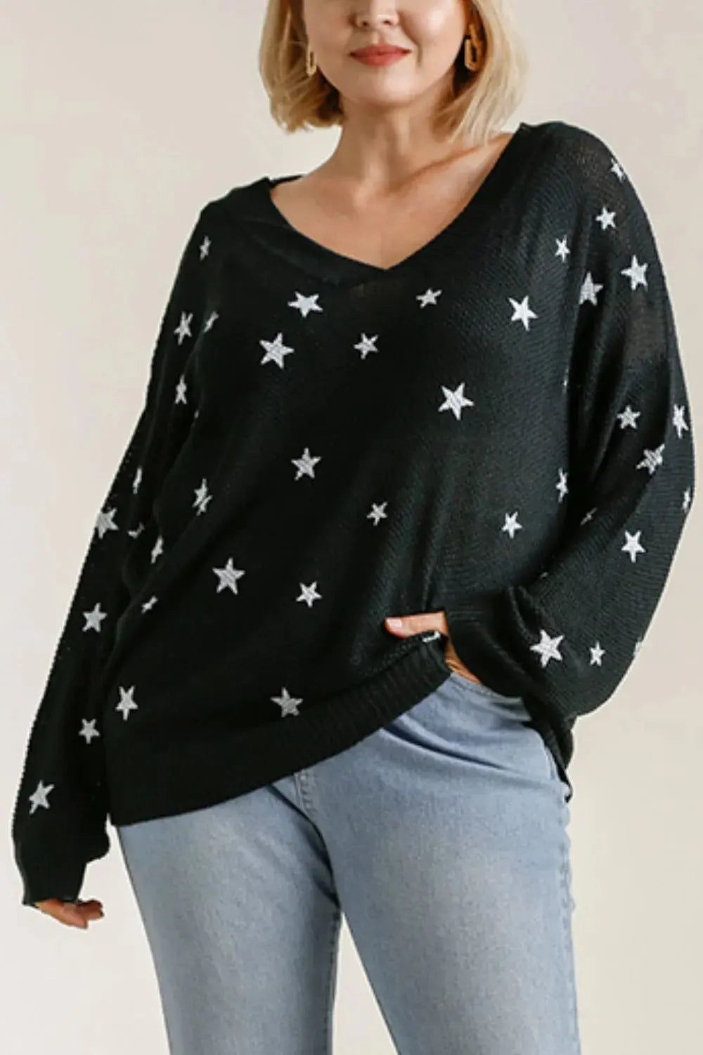 Umgee Star V-Neck Long Sleeve Sweater  Style Ratio