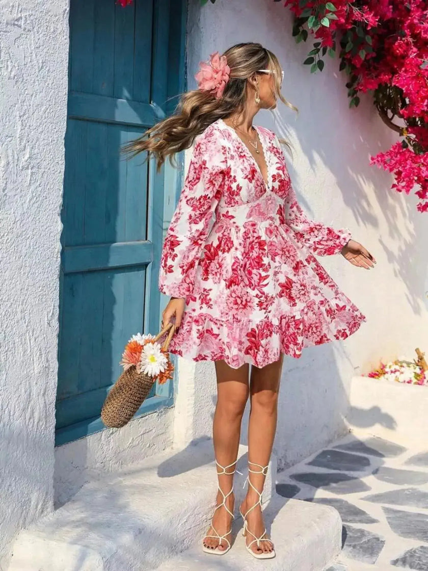 Full Size Floral Print V-Neck Long Sleeve Ruffle Hem Mini Dress  Style Ratio