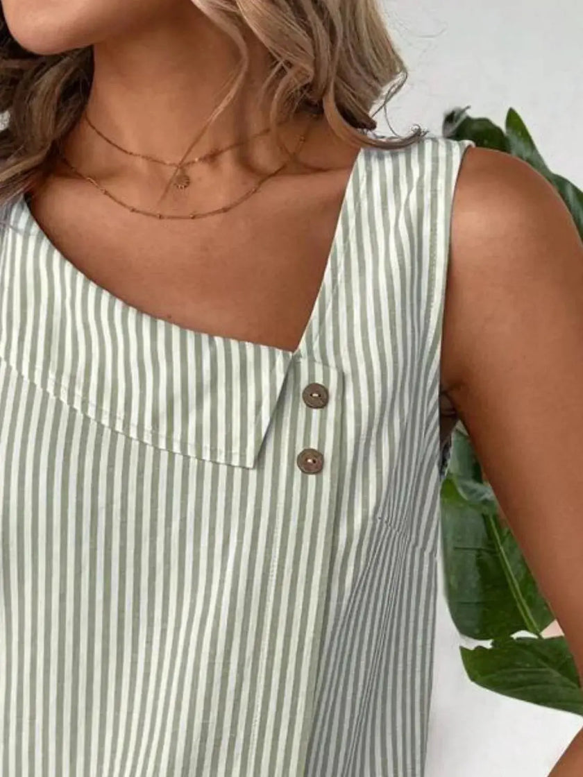 Decorative Button Asymmetrical Striped Tank Top  Style Ratio