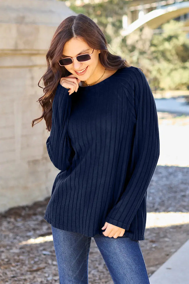 Basic Bae Full Size Ribbed Round Neck Long Sleeve Top  Style Ratio