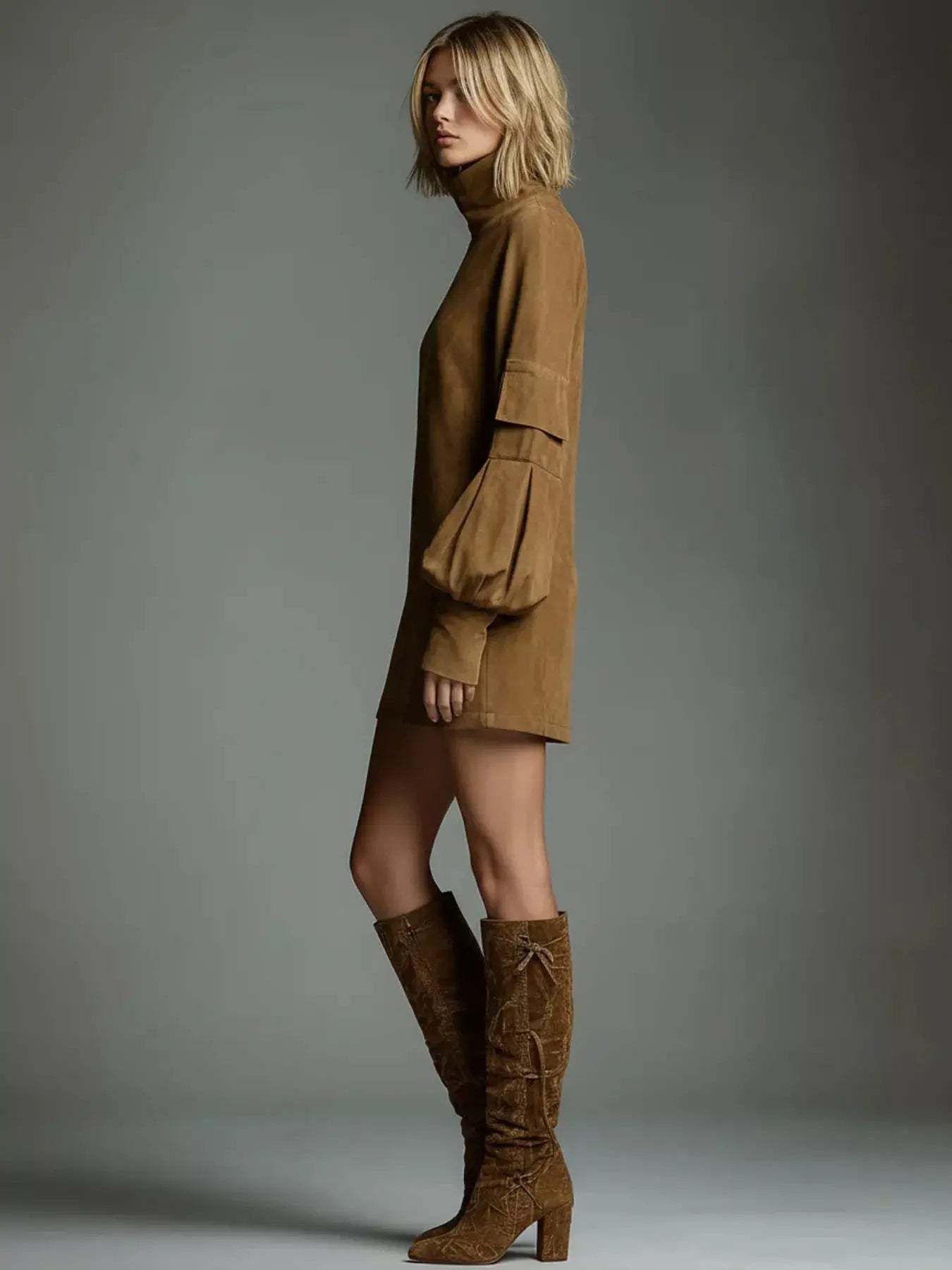Full Size Suede Turtleneck Lantern Sleeve Mini Dress  Style Ratio